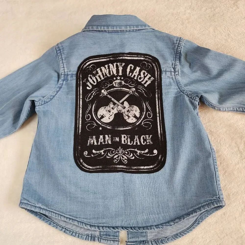 Okie Dokie Johnny Cash Upcycled Denim Button Front Shirt Size 2t